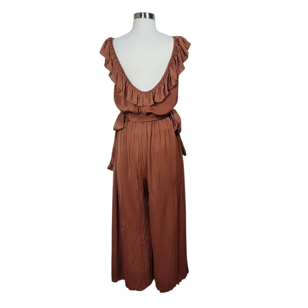 Zara Satin Ruffle Pleated Wrinkle Wide Leg Keyhole Boho Chic Jumpsuit Size Large - Picture 6 of 12